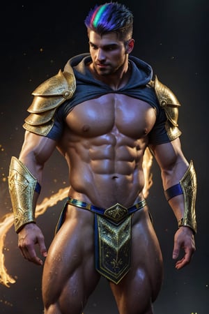 Photorealistic. A sexy male war mage, bright prismatic holographic rainbow hair, Perfect Athletic build, wet look, muscular shoulders, golden intricate pauldrons , muscular chest, shrug (clothing) six pack abs, muscular legs, short Kilt side slits for legs, handsome face, determined look,  