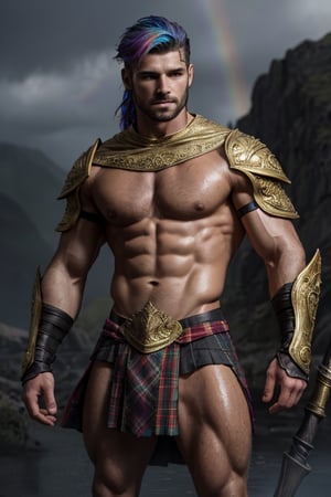 Photorealistic. A sexy male war mage. Athletic build, wet look, muscular shoulders, golden intricate pauldrons , muscular chest, shrug (clothing) six pack abs, muscular legs, short Kilt side slits for legs, handsome face, determined look, long layers of windswept multi colored holographic rainbow hair, 