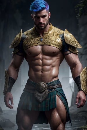 Photorealistic. A sexy male war mage. Perfect Athletic build, wet look, muscular shoulders, golden intricate pauldrons , muscular chest, shrug (clothing) six pack abs, muscular legs, short Kilt side slits for legs, handsome face, determined look,  bright  multi colored holographic rainbow hair 