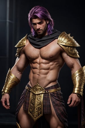 Photorealistic. A sexy male war mage. Athletic build, muscular shoulders, golden intricate pauldrons , muscular chest, shrug (clothing) six pack abs, muscular legs, short Kilt side slits for legs, handsome face, determined look, long layers of rainbow hair