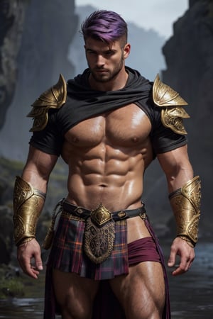 Photorealistic. A sexy male war mage. Athletic build, wet look, muscular shoulders, golden intricate pauldrons , muscular chest, shrug (clothing) six pack abs, muscular legs, short Kilt side slits for legs, handsome face, determined look, long layers of windswept rainbow colored hair, 