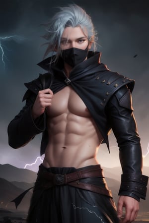 hyperrealistic, male air Genashi warlock rogue, bright blue windswept hair, Lightning in eyes, wet look skin, 