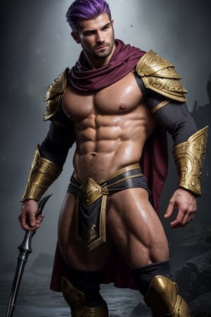 Photorealistic. A sexy male war mage. Athletic build, wet look, muscular shoulders, golden intricate pauldrons , muscular chest, shrug (clothing) six pack abs, muscular legs, short Kilt side slits for legs, handsome face, determined look, long layers of rainbow colored hair, 