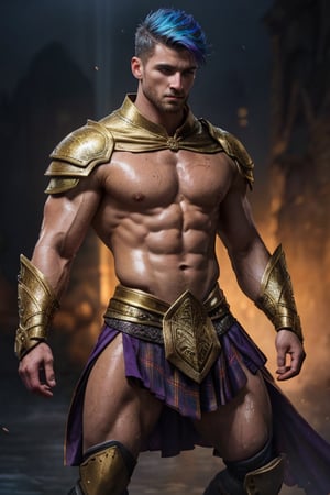 Photorealistic. A sexy male war mage. Perfect Athletic build, wet look, muscular shoulders, golden intricate pauldrons , muscular chest, shrug (clothing) six pack abs, muscular legs, short Kilt side slits for legs, handsome face, determined look,  bright  multi colored holographic rainbow hair 