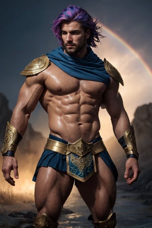 Photorealistic. A sexy male war mage. Athletic build, wet look, muscular shoulders, golden intricate pauldrons , muscular chest, shrug (clothing) six pack abs, muscular legs, short Kilt side slits for legs, handsome face, determined look, long layers of windswept bright multi colored holographic rainbow hair, 