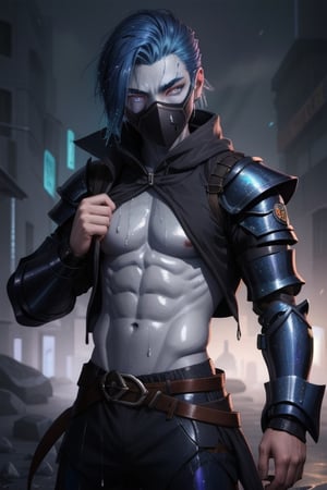 same model, Blue gray skin, wetlook skin, slime, holographic aura, navy blue hair, glowing glass rogue armor, glass rogue face mask, 