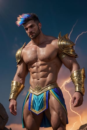 Photorealistic. A sexy male war mage, bright windswept rainbow prismatic holographic hair, Perfect Athletic build, muscular shoulders, golden intricate pauldrons , muscular chest, shrug (clothing) six pack abs, muscular legs, short Kilt side slits for legs, handsome face, determined look,  