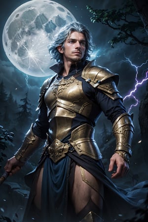 (high details, best quality, 16k, absurdres) [ultra detailed], masterpiece, best quality, (extremely detailed), dynamic angle, ultra wide shot, photorealistic, ((fantasy art)) ,dnd art, rpg art, realistic art, male air Genasi warlock, air warlock, controlling magical energy made of lightning, swirling blue tempest magical light, divine symbols (1.5 intricate details, Masterpiece, best quality, absurdres), toned male air Genasi , extremally sexy, fit body, light blue silver skin, dynamic windswept hair, dynamic blue hair color, wearing shear cloth armor, holding a staff, moon light, lightning, dynamic natural background, RPG art, magical atmosphere magic-fantasy-forest, ultra best realistic, best details, best quality, absurdres, 16k, [ultra detailed], masterpiece, best quality, (extremely detailed), ultra wide shot, photorealism, depth of field, hyper realistic painting, 3D rendering,frey4,n4git4,s4str0,Geayoub1