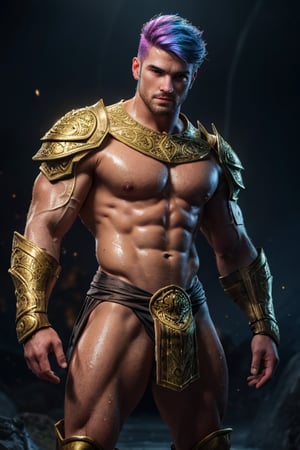 Photorealistic. A sexy male war mage. Athletic build, wet look, muscular shoulders, golden intricate pauldrons , muscular chest, shrug (clothing) six pack abs, muscular legs, short Kilt side slits for legs, handsome face, determined look,  bright  multi colored holographic rainbow hair 