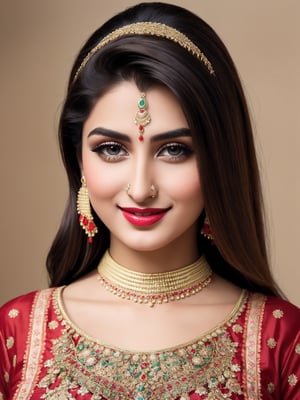 Create a  20-year-old Pakistani woman, through .her height is  5 feet 5 inches, exuding a slim and graceful demeanor with long, straight, dark brown hair, and deep brown expressive eyes that convey warmth and kindness. Embrace her Pakistani heritage by showcasing her in traditional attire,  beautifully adorned shalwar kameez  giving a sexy look Highlight cultural accessories like jhumka . Aim for a friendly smile, representing  amiable personality and confidence. 