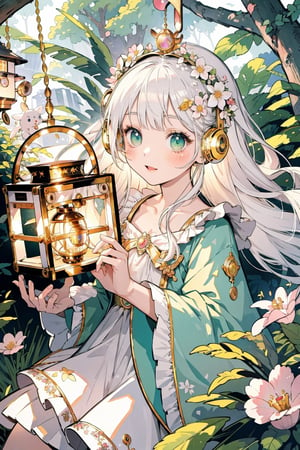(masterpiece, best quality, highres:1.3), ultra resolution image, (1girl), (solo), kawaii, white hair, fluffy clouds, sweet, stuffed animal, tree house, lantern softly glowing, fantasy, dreamy, joyful energy, gentle, dreamy, cozy, charm of childhood, (nature music box:1.5), tiny flower crown, delight, innocent, liveliness, nature accessories, garden, gentle breeze