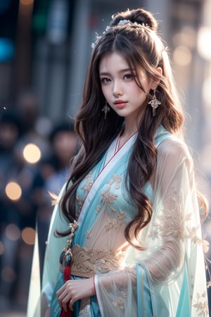 The background is midnight sky,big blue moon,dark night,snow blowing,16 yo, 1 girl,sword,halo,shining bracelet,beautiful hanfu(white, transparent),cape, cloth blowing in wind, solo, {beautiful and detailed eyes}, calm expression, natural and soft light, delicate facial features, cute japanese idol, very small earrings, ((model pose)), Glamor body type, (dark hair:1.2),  beehive,big bun,very_long_hair, hair past hip, curly hair, flim grain, realhands, masterpiece, Best Quality, photorealistic, ultra-detailed, finely detailed, high resolution, perfect dynamic composition, beautiful detailed eyes, eye smile, ((nervous and embarrassed)), sharp-focus, full_body, sexy pose,cowboy_shot,ruanyi0060