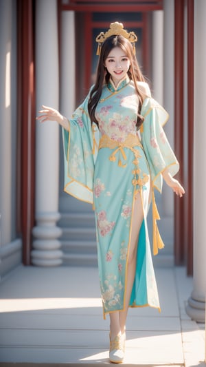 (happy laugh:0.7),A beautiful female college student with big, expressive eyes, touched face, surreal, other focus, lively and vibrant, possessing a great temperament and a charming long haircut, A girl in the wild, Standing on ground, girls, soft color,Realism, Chinese ancient costume,ancient chinese palace