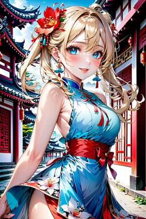 Realistic and detailed image of a girl in a short traditional Chinese dress. She has long wavy blonde hair in pigtails. Blue eyes. She has earrings, long eyelashes. she has small breasts, slim waist, very wide hips and thick thighs. smiling, pleased face. arched back. She is in a Chinese city with flower petals falling around her.