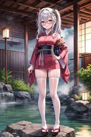 high_resolution, masterpiece,  glasses, :), stand, full_body,19 years old.Japanese hot spring，full body stockings