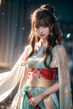 The background is midnight sky,big blue moon,dark night,snow blowing,16 yo, 1 girl,sword,halo,shining bracelet,beautiful hanfu(white, transparent),cape, cloth blowing in wind, solo, {beautiful and detailed eyes}, calm expression, natural and soft light, delicate facial features, cute japanese idol, very small earrings, ((model pose)), Glamor body type, (dark hair:1.2),  beehive,big bun,very_long_hair, hair past hip, curly hair, flim grain, realhands, masterpiece, Best Quality, photorealistic, ultra-detailed, finely detailed, high resolution, perfect dynamic composition, beautiful detailed eyes, eye smile, ((nervous and embarrassed)), sharp-focus, full_body, sexy pose,cowboy_shot,ruanyi0060