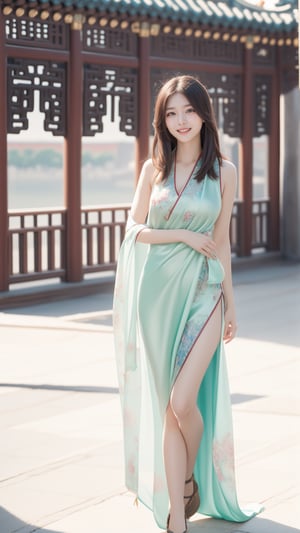 (happy laugh:0.7),A beautiful female college student with big, expressive eyes, touched face, surreal, other focus, lively and vibrant, possessing a great temperament and a charming long haircut, A girl in the wild, Standing on ground, girls, soft color,Realism, ancient chinese palace,Ancient Chinese silk sleeveless,silk shawl