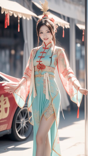 (happy laugh:0.7),A beautiful female college student with big, expressive eyes, touched face, urban fantasy, surreal, other focus, lively and vibrant, possessing a great temperament and a charming long haircut, A girl in the wild, Standing on ground, girls, hangar background, soft color,Realism, Chinese ancient costume