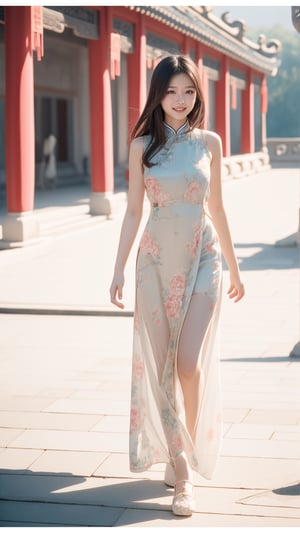 (happy laugh:0.7),A beautiful female college student with big, expressive eyes, touched face, surreal, other focus, lively and vibrant, possessing a great temperament and a charming long haircut, A girl in the wild, Standing on ground, girls, soft color,Realism, ancient chinese palace,Ancient Chinese silk sleeveless