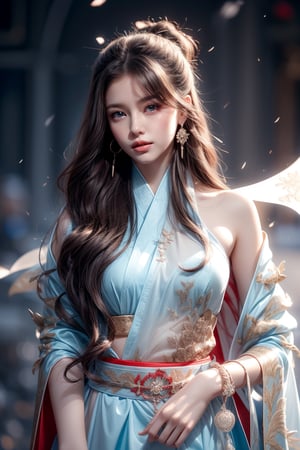 The background is midnight sky,big blue moon,dark night,snow blowing,16 yo, 1 girl,sword,halo,shining bracelet,beautiful hanfu(white, transparent),cape, cloth blowing in wind, solo, {beautiful and detailed eyes}, calm expression, natural and soft light, delicate facial features, cute japanese idol, very small earrings, ((model pose)), Glamor body type, (dark hair:1.2),  beehive,big bun,very_long_hair, hair past hip, curly hair, flim grain, realhands, masterpiece, Best Quality, photorealistic, ultra-detailed, finely detailed, high resolution, perfect dynamic composition, beautiful detailed eyes, eye smile, ((nervous and embarrassed)), sharp-focus, full_body, sexy pose,cowboy_shot,ruanyi0060