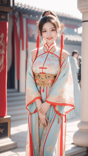 (happy laugh:0.7),A beautiful female college student with big, expressive eyes, touched face, surreal, other focus, lively and vibrant, possessing a great temperament and a charming long haircut, A girl in the wild, Standing on ground, girls, soft color,Realism, Chinese ancient costume,ancient chinese palace