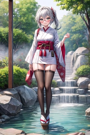 high_resolution, masterpiece,  glasses, :), stand, full_body,19 years old.Japanese hot spring，full body stockings