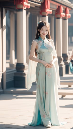 (happy laugh:0.7),A beautiful female college student with big, expressive eyes, touched face, surreal, other focus, lively and vibrant, possessing a great temperament and a charming long haircut, A girl in the wild, Standing on ground, girls, soft color,Realism, ancient chinese palace,Ancient Chinese silk sleeveless,silk shawl