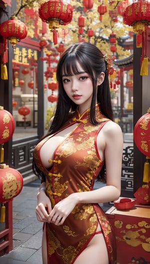(masterpiece, top quality, best quality, official art, beautiful and aesthetic:1.2), hdr, high contrast, wideshot, 1girl, long straight black hair with blunt bangs, looking at viewer, light smile, clearly brown eyes, longfade eyebrow, soft make up, ombre lips, hourglass body, large breast, (chinese new year theme:1.5), finger detailed, subsurface dragon, background detailed, ambient lighting, extreme detailed, cinematic shot, realistic ilustration, (soothing tones:1.3), (hyperdetailed:1.2), subsurface golden dragon