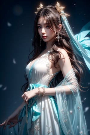 The background is midnight sky,big blue moon,dark night,snow blowing,16 yo, 1 girl,sword,halo,shining bracelet,beautiful hanfu(white, transparent),cape, cloth blowing in wind, solo, {beautiful and detailed eyes}, calm expression, natural and soft light, delicate facial features, cute japanese idol, very small earrings, ((model pose)), Glamor body type, (dark hair:1.2),  beehive,big bun,very_long_hair, スクール水着，hair past hip, curly hair, flim grain, realhands, masterpiece, Best Quality, photorealistic, ultra-detailed, finely detailed, high resolution, perfect dynamic composition, beautiful detailed eyes, eye smile, ((nervous and embarrassed)), sharp-focus, full_body, sexy pose,cowboy_shot,ruanyi0060