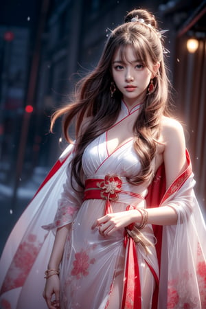 The background is midnight sky,big blue moon,dark night,snow blowing,16 yo, 1 girl,sword,halo,shining bracelet,beautiful hanfu(white, transparent),cape, cloth blowing in wind, solo, {beautiful and detailed eyes}, calm expression, natural and soft light, delicate facial features, cute japanese idol, very small earrings, ((model pose)), Glamor body type, (dark hair:1.2),  beehive,big bun,very_long_hair, hair past hip, curly hair, flim grain, realhands, masterpiece, Best Quality, photorealistic, ultra-detailed, finely detailed, high resolution, perfect dynamic composition, beautiful detailed eyes, eye smile, ((nervous and embarrassed)), sharp-focus, full_body, sexy pose,cowboy_shot,ruanyi0060