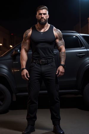 (masterpiece), handsome, arogant, smirk, young, bodyguard, bara, muscular, massive pecs, massive arms, long beard, ((full body black tribal tattoo)), short hair, black cargo pants with black belt, ((black slim bodyguard tank top)), ((detalied face)), ((detailed eyes)), night, black suv car in the background, night club entrance background, looking at viewer, Cinematic Lighting,Movie Still,colorful,<lora:659095807385103906:1.0>