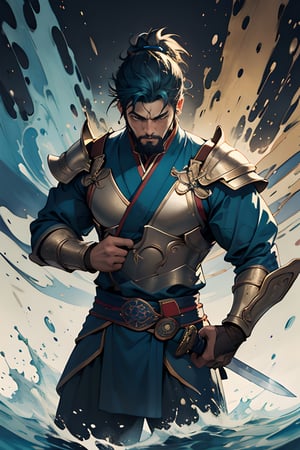 1man, masterpiece, best quality, detailed background, muscular male,looking at viewer, beard, detailed eyes, beautiful eyes,fit body,warrior in traditional wushu attire with blue metallic leg armor, wielding a long sword, The figure is muscular and well-proportioned, set against a Gustav Klimt-inspired abstract art panel,contour lighting and water droplets add depth,Flowing blue ribbons with an aged texture swirl around him,The composition blends whimsical hand-drawn elements with a touch of realism, portraying the warrior in a divine, heroic, and graceful stance,The overall style has an ink painting feel, with a palette of soft colors,
depth of field,