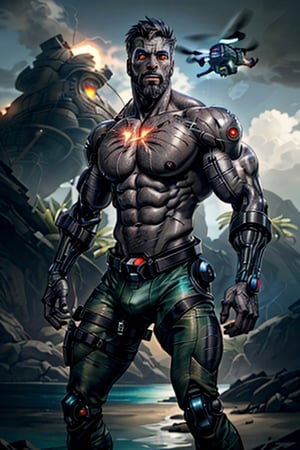 cyborg, handsome, cybernetic implants, detailed glowing eyes, muscles, scars on the body from assimilation by machines, nanotubes transmitting assimilation nanites inserted into their necks by a drone, heavily damaged tight tactical pants with tactical belt, topless, short beard, hairy, cybernetic arm, venis, light smoke, ((tropical island)), day, post-apocalyptic beach background, ((detailed face)), HDR, 8k, horror, photy by greg rutkowski, the best quality