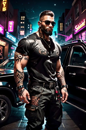 (masterpiece), handsome, arogant, smirk, young, bodyguard, bara, muscular, massive pecs, massive arms, long beard, ((full body black tribal tattoo)), short hair, black cargo pants with black belt, ((black slim bodyguard t-shirt)), sunglass,, ((detalied face)), ((detailed eyes)), night, black suv car in the background, night club entrance background, looking at viewer, Cinematic Lighting