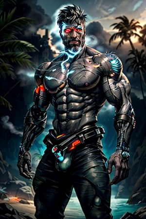 cyborg, handsome, cybernetic implants, detailed glowing eyes, muscles, scars on the body from assimilation by machines, nanotubes transmitting assimilation nanites inserted into their necks by a drone, heavily damaged tight tactical pants with tactical belt, topless, short beard, hairy, cybernetic arm, venis, light smoke, ((tropical island)), day, post-apocalyptic beach background, ((detailed face)), HDR, 8k, horror, photy by greg rutkowski, the best quality