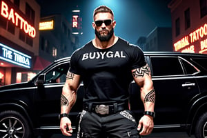 (masterpiece), handsome, arogant, smirk, young, bodyguard, bara, muscular, massive pecs, massive arms, long beard, ((full body black tribal tattoo)), short hair, black cargo pants with black belt, ((black slim bodyguard t-shirt)), sunglass,, ((detalied face)), ((detailed eyes)), night, black suv car in the background, night club entrance background, looking at viewer, Cinematic Lighting,Movie Still,colorful