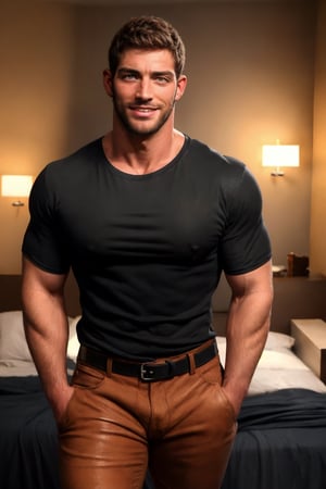 photo of muscular chris redfield in a worn ((soft black t-shirt, massive hairy pecs)), big pecs, big arms, large bulge, ((light bokeh)), intricate, (steel metal [rust]), elegant, erotic, exuding sexual energy, homoerotic, sharp focus, photo by greg rutkowski, soft lighting, vibrant colors, (masterpiece), ((modern bedroom)), (detailed face), looking at viewer, (handsome face: 1.5), brushed up hairs, light smile, wide open eyes, beard, jeans pants with leather belt,black-color,