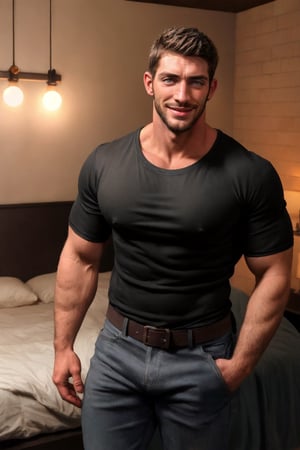 photo of muscular chris redfield in a worn ((soft black t-shirt, massive hairy pecs)), big pecs, big arms, large bulge, ((light bokeh)), intricate, (steel metal [rust]), elegant, erotic, exuding sexual energy, homoerotic, sharp focus, photo by greg rutkowski, soft lighting, vibrant colors, (masterpiece), ((modern bedroom)), (detailed face), looking at viewer, (handsome face: 1.5), brushed up hairs, light smile, wide open eyes, big beard, venis, jeans pants with leather belt,black-color,