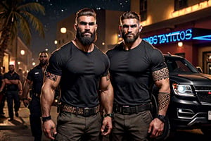 (masterpiece), handsome, arogant, smirk, young, bodyguard, bara, muscular, massive pecs, massive arms, long beard, ((full body black tribal tattoo)), short hair, black cargo pants with black belt, ((black slim bodyguard casual shirt)), ((detalied face)), ((detailed eyes)), night, black suv car in the background, night club entrance background, looking at viewer, Cinematic Lighting,Movie Still,colorful