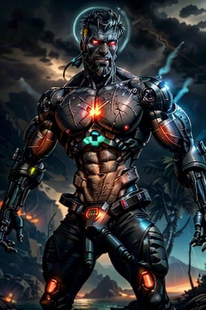 cyborg, handsome, cybernetic implants, detailed glowing eyes, muscles, scars on the body from assimilation by machines, nanotubes transmitting assimilation nanites inserted into their necks by a drone, heavily damaged tight tactical pants with tactical belt, topless, short beard, hairy, cybernetic arm, venis, light smoke, ((tropical island)), day, post-apocalyptic beach background, ((detailed face)), HDR, 8k, horror, photy by greg rutkowski, the best quality