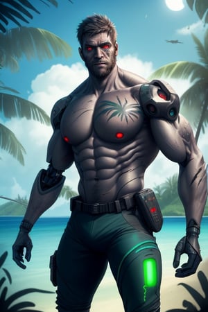 cyborg, handsome, cybernetic implants, detailed glowing eyes, muscles, scars on the body from assimilation by machines, nanotubes transmitting assimilation nanites inserted into their necks by a drone, heavily damaged tight tactical pants with tactical belt, topless, short beard, hairy, cybernetic arm, venis, light smoke, ((tropical island)), day, post-apocalyptic beach background, ((detailed face)), HDR, 8k, horror, photy by greg rutkowski,hairyalpha