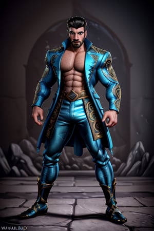 handsome Latino male, emperor of skarland, ((detalied face)), ((detalied eyes)), painting, Intricate, Sharp focus, dramatic, portrait, elegant suite pants, elegant jacket, muscular, short beard, elegant pose, royal palace hall background, professional,1boy