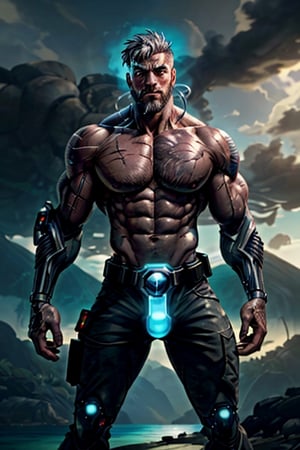 cyborg, handsome, cybernetic implants, detailed glowing eyes, muscles, scars on the body from assimilation by machines, nanotubes transmitting assimilation nanites inserted into their necks by a drone, heavily damaged tight tactical pants with tactical belt, topless, short beard, hairy, cybernetic arm, venis, light smoke, ((tropical island)), day, post-apocalyptic beach background, ((detailed face)), HDR, 8k, horror, photy by greg rutkowski,hairyalpha