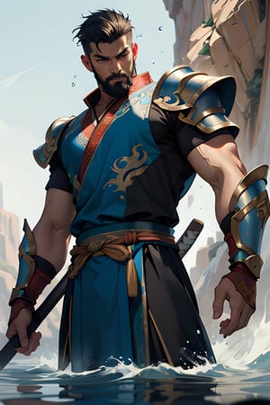1man, masterpiece, best quality, detailed background, muscular male,looking at viewer, beard, detailed eyes, beautiful eyes,fit body,warrior in traditional wushu attire with blue metallic leg armor, wielding a long sword, The figure is muscular and well-proportioned, set against a Gustav Klimt-inspired abstract art panel,contour lighting and water droplets add depth,Flowing blue ribbons with an aged texture swirl around him,The composition blends whimsical hand-drawn elements with a touch of realism, portraying the warrior in a divine, heroic, and graceful stance,The overall style has an ink painting feel, with a palette of soft colors,
depth of field,