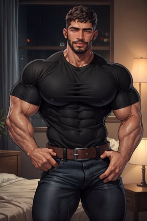 photo of muscular chris redfield in a worn ((soft black t-shirt, massive hairy pecs)), big pecs, big arms, large bulge, ((light bokeh)), intricate, (steel metal [rust]), elegant, erotic, exuding sexual energy, homoerotic, sharp focus, photo by greg rutkowski, soft lighting, vibrant colors, (masterpiece), ((modern bedroom)), (detailed face), looking at viewer, (handsome face: 1.5), brushed up hairs, light smile, wide open eyes, beard, jeans pants with leather belt