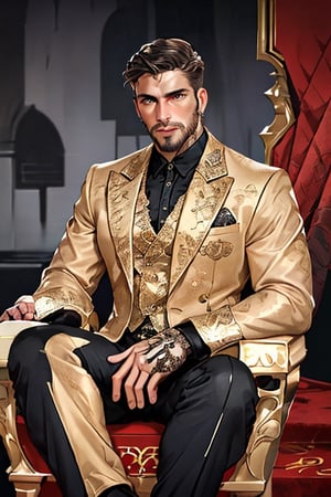 Latino male, king of skarland, contemporary, ((detalied face)), ((detalied eyes)), painting, Intricate, Sharp focus, dramatic, portrait, elegant suite pants, elegant suite jacket, muscular, short beard, sitting on the throne in throne hall, professional,1boy,handsome male,Miguel