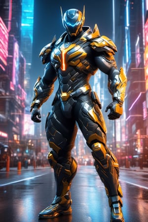 full body, facing camera, hero pose, looking at viewer, [Flash] 3D rendering, muscles, highly detailed eyes, perfect body, detailed with armor and neon cybernetics Light and black, day city background, intricately detailed , hdr, 8k, subsurface dispersion, specular lighting, high resolution, octane rendering, neon ray tracing,