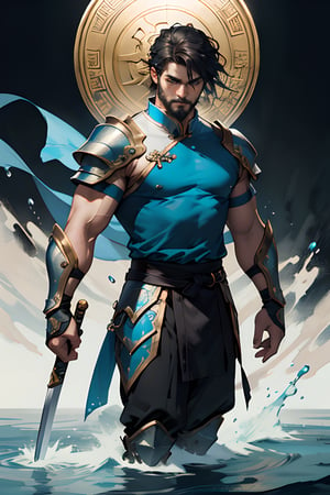 1man, masterpiece, best quality, detailed background, muscular male,looking at viewer, beard, detailed eyes, beautiful eyes,fit body,warrior in traditional wushu attire with blue metallic leg armor, wielding a long sword, The figure is muscular and well-proportioned, set against a Gustav Klimt-inspired abstract art panel,contour lighting and water droplets add depth,Flowing blue ribbons with an aged texture swirl around him,The composition blends whimsical hand-drawn elements with a touch of realism, portraying the warrior in a divine, heroic, and graceful stance,The overall style has an ink painting feel, with a palette of soft colors,
depth of field,