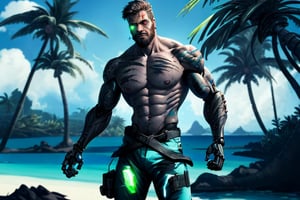 cyborg, handsome, cybernetic implants, detailed glowing eyes, muscles, scars on the body from assimilation by machines, nanotubes transmitting assimilation nanites inserted into their necks by a drone, heavily damaged tight tactical pants with tactical belt, topless, short beard, hairy, cybernetic arm, venis, light smoke, ((tropical island)), day, post-apocalyptic beach background, ((detailed face)), HDR, 8k, horror, photy by greg rutkowski,hairyalpha