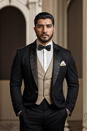 Latino male, king of skarland, ((detalied face)), ((detalied eyes)), painting, Intricate, Sharp focus, dramatic, portrait, elegant suite pants, elegant suite jacket, muscular, short beard, royal palace hall background, professional,1boy,handsome male,Miguel,modelshoot style,jaeggernawt